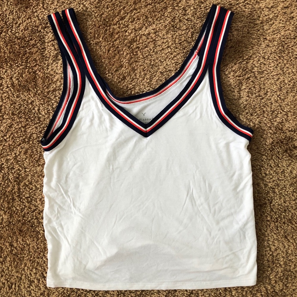 AEO White Crop Top with Navy, Orange & White Trim